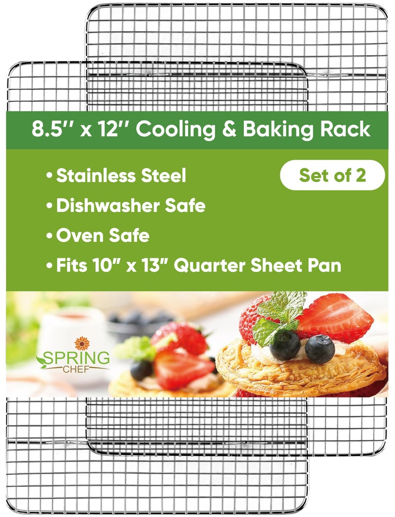 Spring Chef رفوف تبريد من الفولاذ المقاوم للصدأ Spring Chef 8.5" x 12"، رف سلكي لصينية الخبز - يناسب صينية الربع الصغيرة - مثالي للطهي، الخبز، الشواء، التدخين - آمن في غسالة الصحون - مجموعة من 2 - Image 1